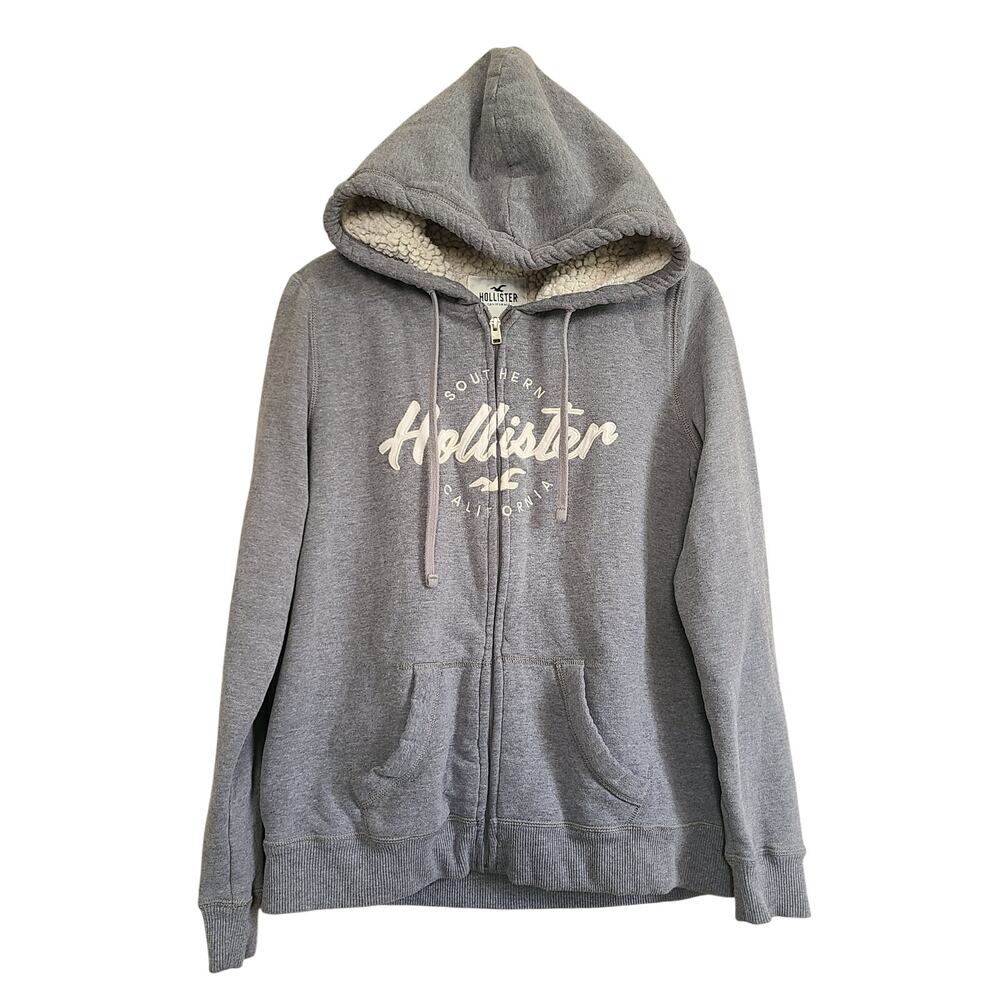 Hollister Sherpa Fleece Hooded Zip Sweatshirt Womens L Gray Y2K Comfy Retro Prep